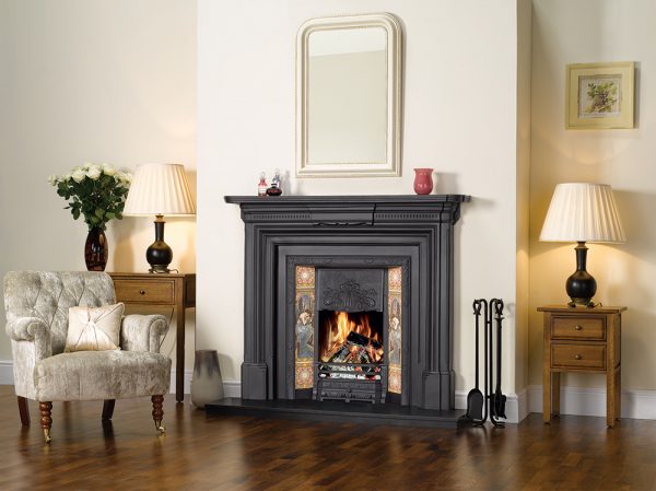 Stovax-Art-Nouveau-Tiled-fireplace-in-matt-black-with-cast-iron-back-and-georgian-cast-iron-mantel-lb