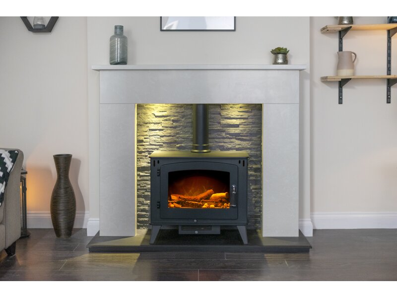 54″ Palma Marble Stove Suite in Perola with Lights & Juno Stove