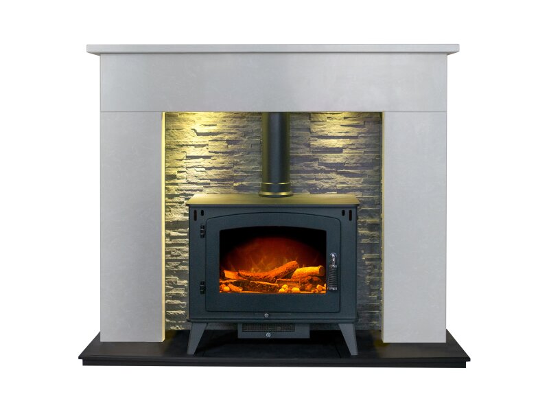 54″ Palma Marble Stove Suite in Perola with Lights & Juno Stove